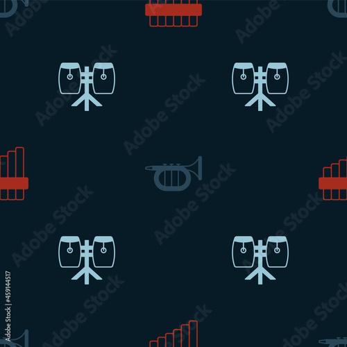 Set Pan flute, Trumpet and Conga drums on seamless pattern. Vector © Iryna