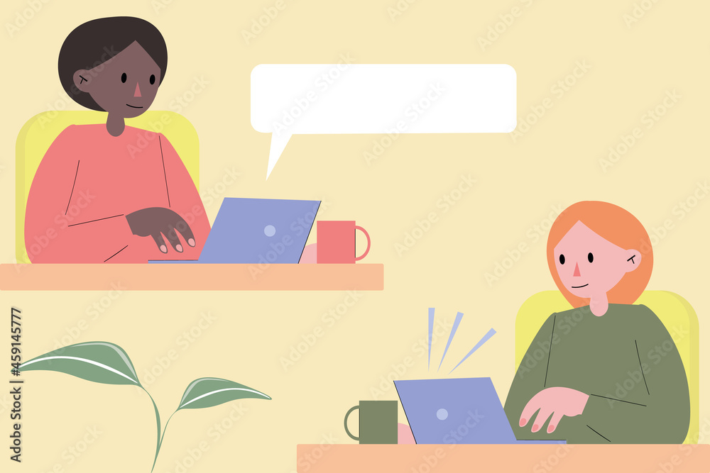 mployees of the same office correspond with each other. Young women chat on the Internet using laptops. Corporate communication. Client and employee. mployees of the same office correspond with each other. Young women chat on the Internet using laptops. Corporate communication. Client and employee.
