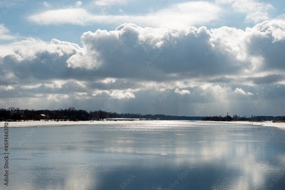 View of the Volga river in the city of Kimry on a spring day.