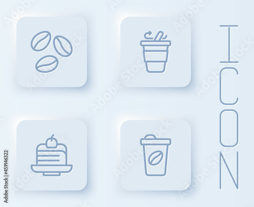 Set line Coffee beans  cup to go  Piece cake and . White square button. Vector