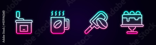 Set line Manual coffee grinder, Coffee cup, Spatula with grain and Cake. Glowing neon icon. Vector