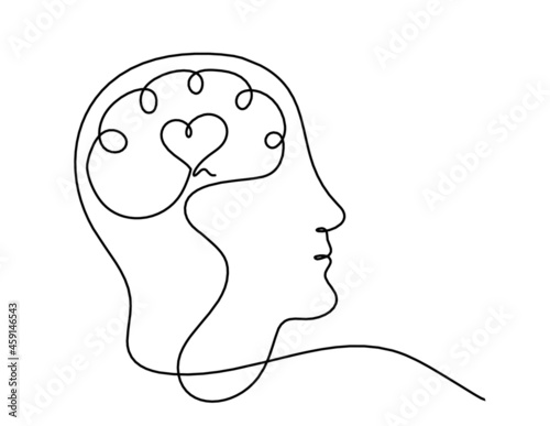 Man silhouette brain as line drawing on white background. Vector photo