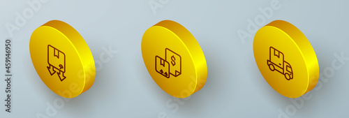 Set Isometric line Cardboard box with traffic symbol, Waybill and Delivery cargo truck icon. Vector