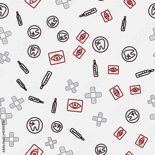 Set line Medical thermometer, Tooth with caries, Crossed bandage plaster and Red eye effect on seamless pattern. Vector