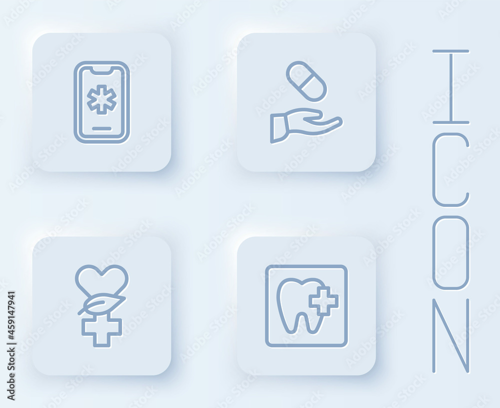 Set line Emergency call 911, Medical prescription, Ethnoscience and Dental clinic location. White square button. Vector Set line Emergency call 911, Medical prescription, Ethnoscience and Dental clinic location. White square button. Vector