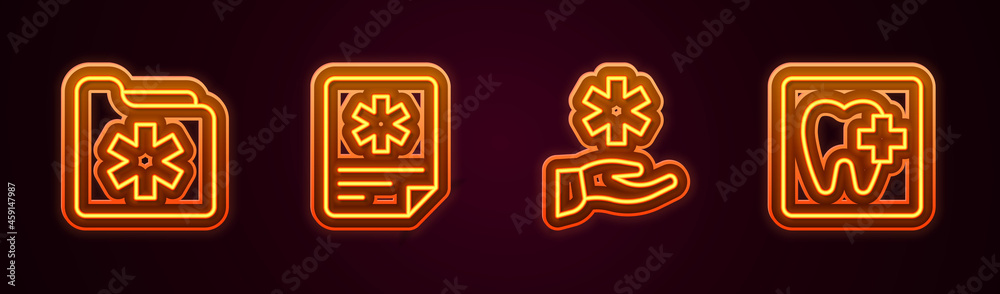 Set line Medical health record folder, Patient, Cross hospital medical and Dental clinic location. Glowing neon icon. Vector Set line Medical health record folder, Patient, Cross hospital medical and Dental clinic location. Glowing neon icon. Vector