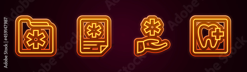 Set line Medical health record folder, Patient, Cross hospital medical and Dental clinic location. Glowing neon icon. Vector