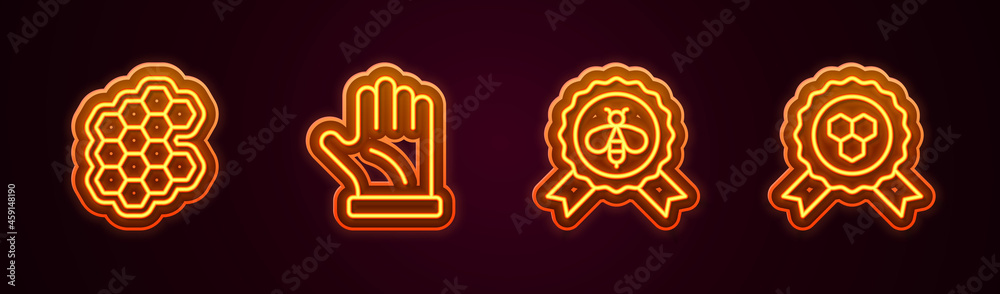 Obraz premium Set line Honeycomb, Beekeeper glove, Best bee and award. Glowing neon icon. Vector