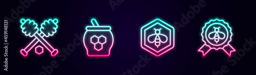 Set line Honey dipper stick, Jar of honey and, Bee honeycomb and Best bee. Glowing neon icon. Vector