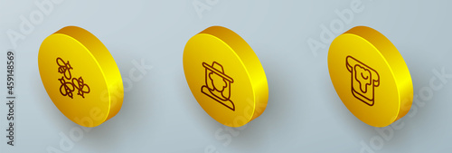 Set Isometric line Bees, Beekeeper with protect hat and Bread honey icon. Vector