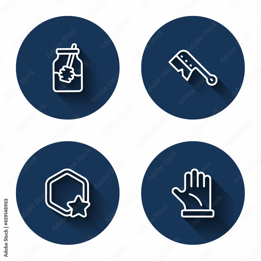 Set line Jar of honey and dipper stick, Beekeeping brush, Honeycomb and Beekeeper glove with long shadow. Blue circle button. Vector Set line Jar of honey and dipper stick, Beekeeping brush, Honeycomb and Beekeeper glove with long shadow. Blue circle button. Vector