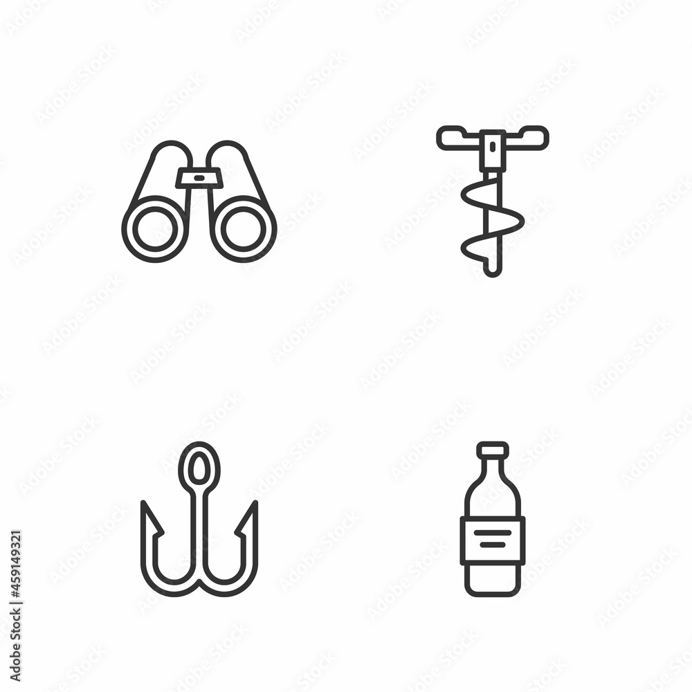 Set line Bottle of vodka, Fishing hook, Binoculars and Hand ice drill icon. Vector Set line Bottle of vodka, Fishing hook, Binoculars and Hand ice drill icon. Vector