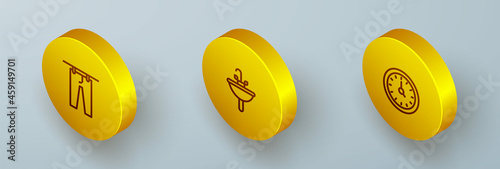 Set Isometric line Drying clothes, Washbasin and Clock icon. Vector