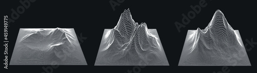 Set of a glitched and distorted 3d models. Abstract vector elements with wireframe grid.