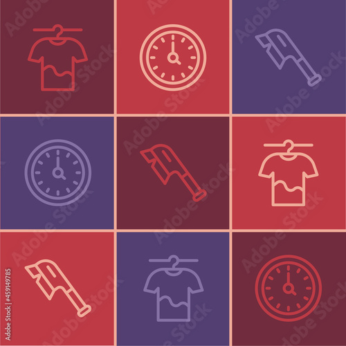 Set line Drying clothes, Brush for cleaning and Clock icon. Vector