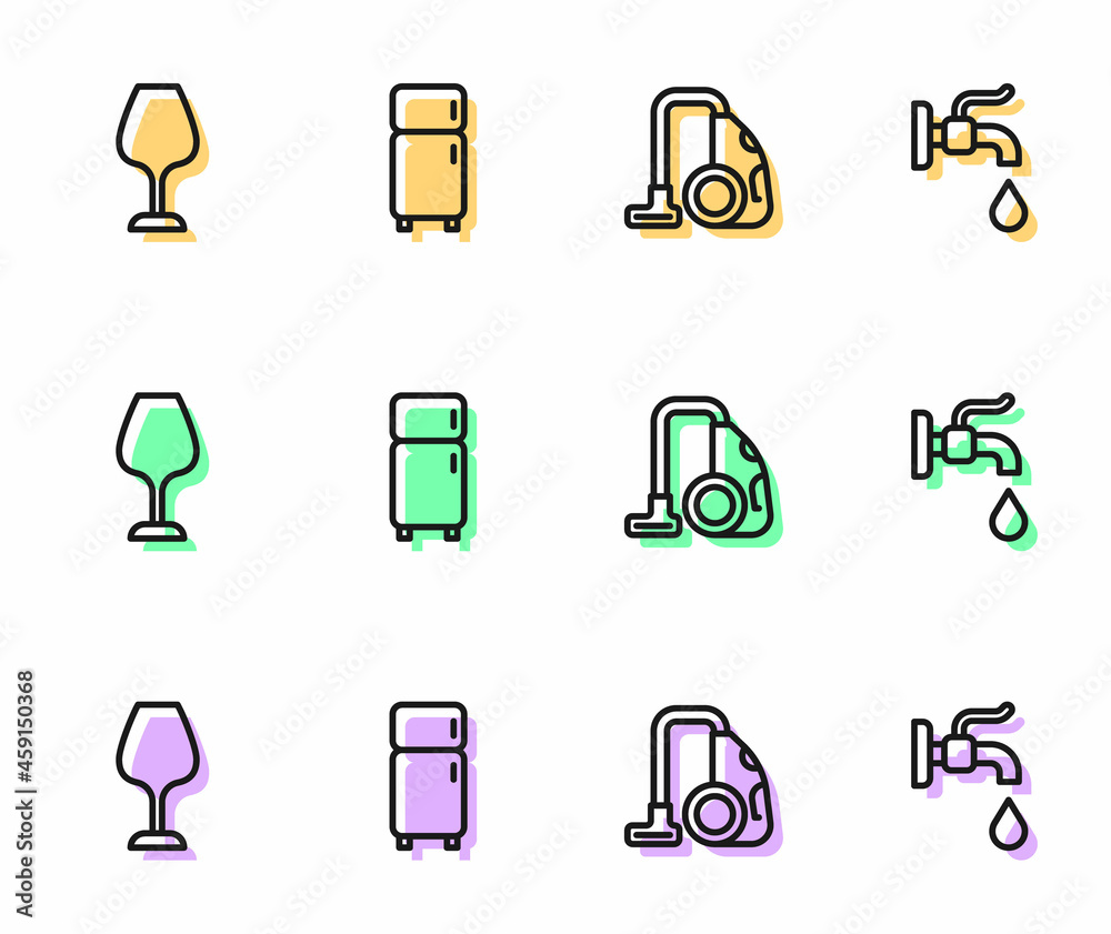 Set line Vacuum cleaner, Wine glass, Refrigerator and Water tap icon. Vector Set line Vacuum cleaner, Wine glass, Refrigerator and Water tap icon. Vector