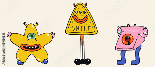 A set of three cartoon stickers with monsters. Various creepy and scary freaks on a beige background. Multi-colored characters for postcards, decor, covers, social networks. Hand drawn vector.