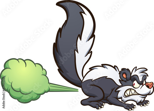 Angry cartoon skunk spraying toxic fumes. Vector clip art illustration with simple gradients. Skunk and cloud on separate layers. 