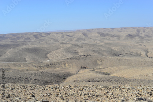 Mountain landscape, desert. Makhtesh Ramon Crater in Negev desert, Israel. Stony desert panoramic view. Unique relief geological erosion land form. National park Makhtesh Ramon or Ramon Crater