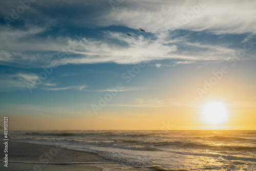 Sunset over the sea, beautiful sand beach, blue sea, blue sky with sun setting down the horizon, and flying birds © Hanna Tor