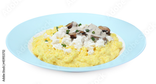 Tasty banosh with brynza and mushrooms isolated on white. Traditional Ukrainian dish