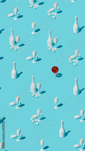 Christmas pattern with champagne bottles, glasses and red ball ornament with doll legs on pastel blue background. Creative Xmas eve celebration or New Year party concept. Fashion minimal art.