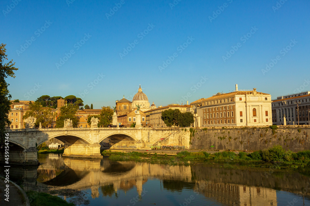 Along the banks of the Tiber River in Rome. Ancient bridges