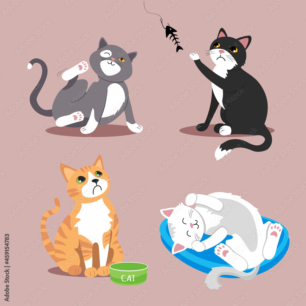 Set of vector illustrations with funny cats. Black sad cat catches fish. A hungry ginger cat sits near an empty bowl. The white cat is sleeping. Gray cat scratches ear