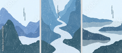 Vector illustration landscape. Wood surface texture. Mountain peaks, water in desert, green hills. Line pattern. Mountain background. Asian style. Design for poster, book cover, web template, brochure