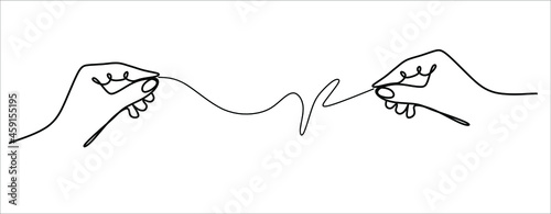 continuous drawing of a single line of a man's hand connected by a thin thread with a woman's hand