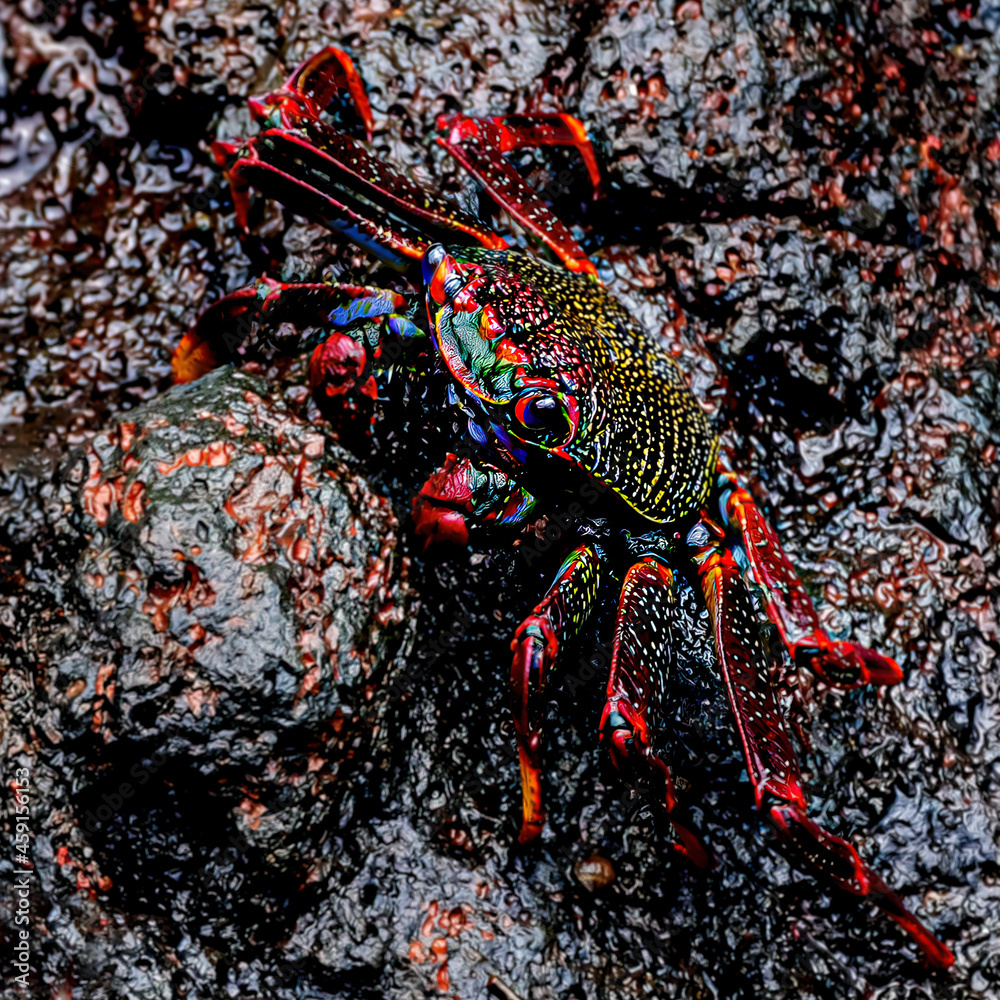 macro shot of colorful crab on a wet stone macro shot of colorful crab on a wet stone