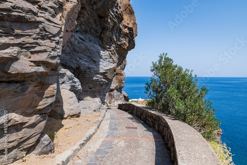 Fototapeta Naklejka Na Ścianę i Meble -  Salina island (Aeolian archipelago), Messina, Sicily, Italy, 08.17.2021: panoramic view along the way  to Scario beach in Malfa.