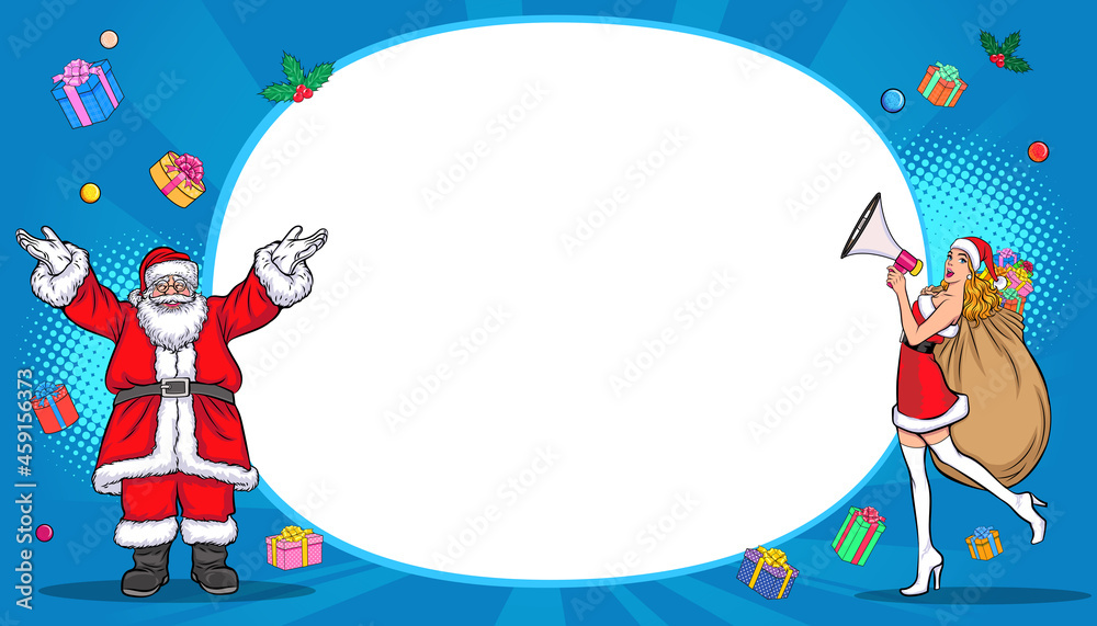 Obraz premium Santa woman holding megaphone and santa claus with White board