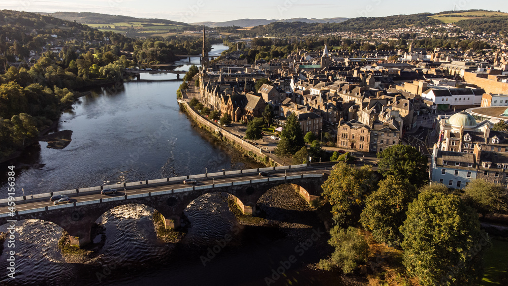 Perth, Scotland and the River Tay by drone. Featuring Tay Street and the Horsecross Concert Hall plus St Mathew's Church