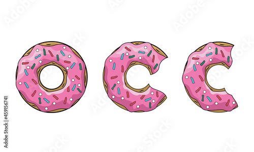 Set of donuts with pink icing and multicolored sweet sprinkles, one whole donut and two bitten