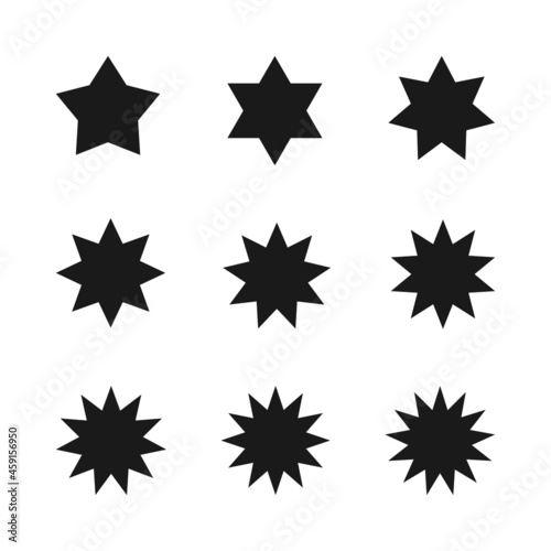 Retro set with set black starburst badges on white background for promo design. Illustration with set black starburst badges on black background. Special offer symbol. Discount tag badge shape. Simple