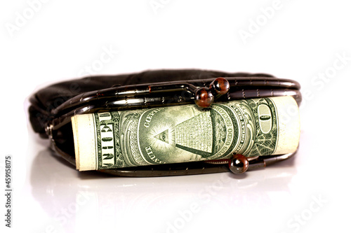 purse and money, the isolated white background. A store of value — the liquid asset having cost which is well stored a long time for the subsequent exchange for goods