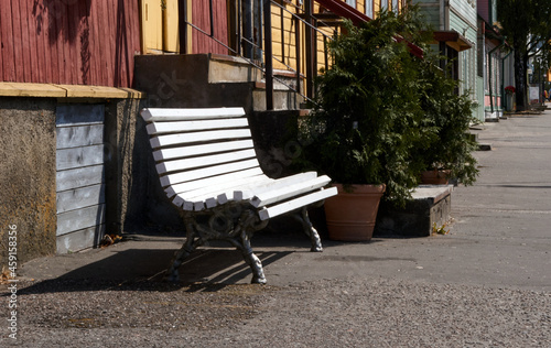 white wooden bench in the street, park bench, break photo