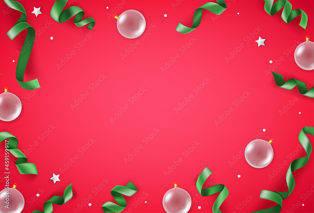 White baubles and green ribbons on red background. Christmas banner with copy space