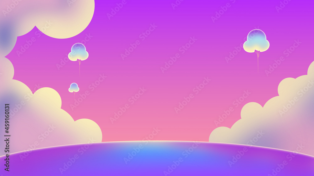 Concept background travel. Road, clouds, and sunlight and balloons. Illustration 3D for content background colorful, fantasy, abstract road , holiday, way dream Concept background travel. Road, clouds, and sunlight and balloons. Illustration 3D for content background colorful, fantasy, abstract road , holiday, way dream