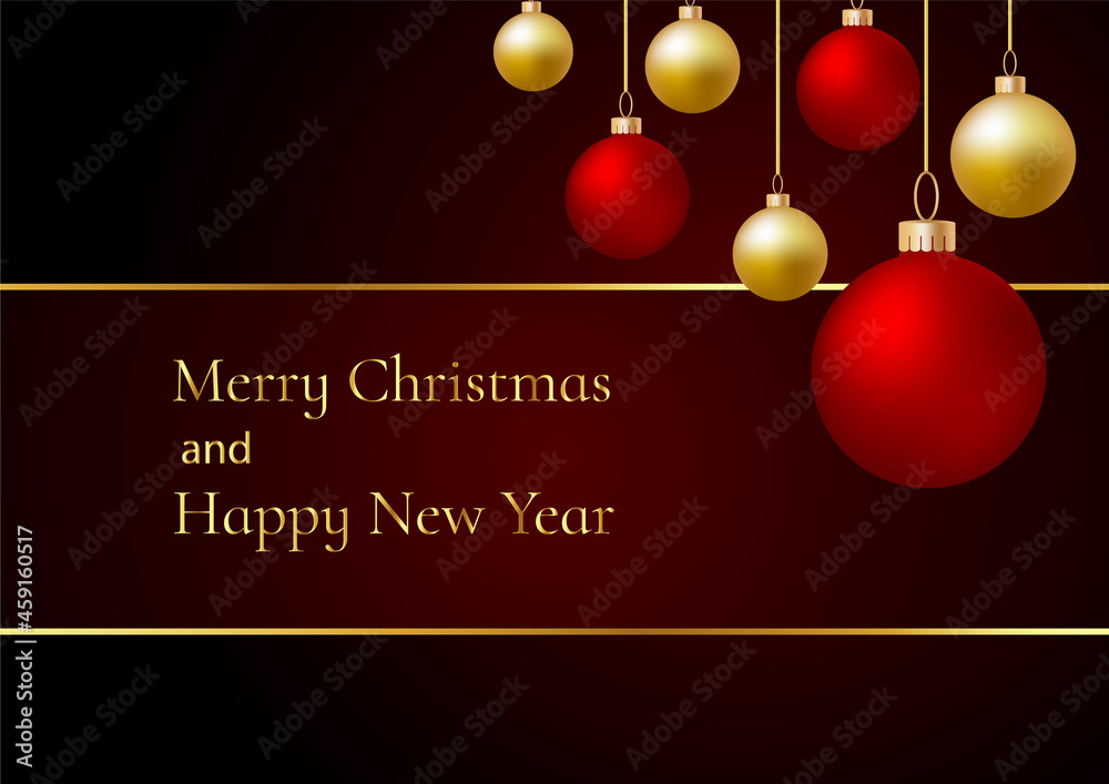 Christmas red background with Christmas balls Happy New Year decoration. Elegant Christmas banner or poster. Vector illustration