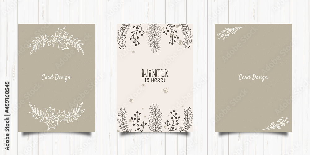 Set of winter handdrawn plant holiday card. Vector art illustration isolated on white background. Happy new pattern. Hand drawn design template. Greeting postcard