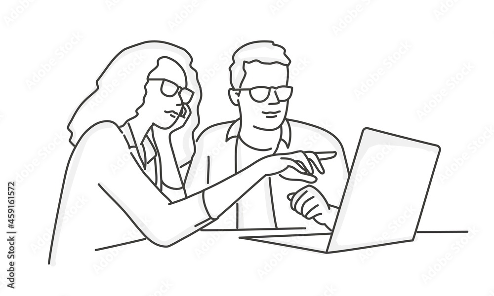 Manager woman helping employee pointing at laptop. Manager woman helping employee pointing at laptop.