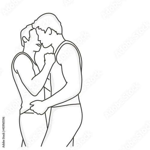 Gay couple. Romantic hugs of lovers.