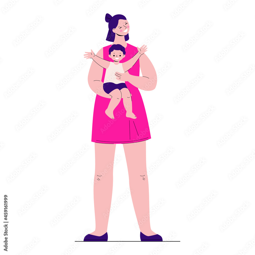 Happy mother holds a joyful toddler in her arms. Vector illustration in flat style. Happy mother holds a joyful toddler in her arms. Vector illustration in flat style.