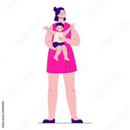 Happy mother holds a joyful toddler in her arms. Vector illustration in flat style.