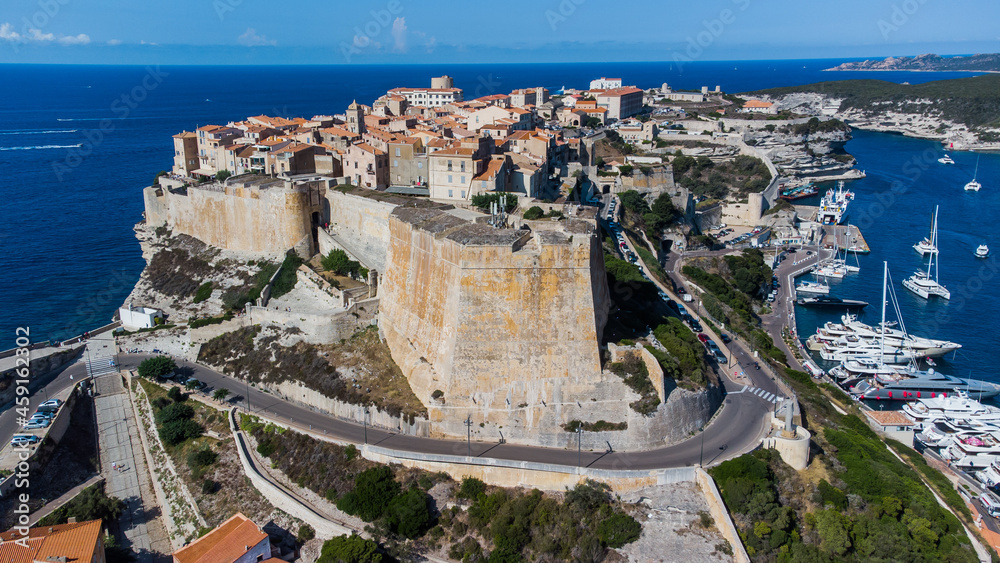 Aerial view of the Bastion de l'Étendard in the fortress of Bonifacio in the south of the island of Corsica in France - Medieval citadel built on a rocky promontory overlooking the Mediterranean Sea