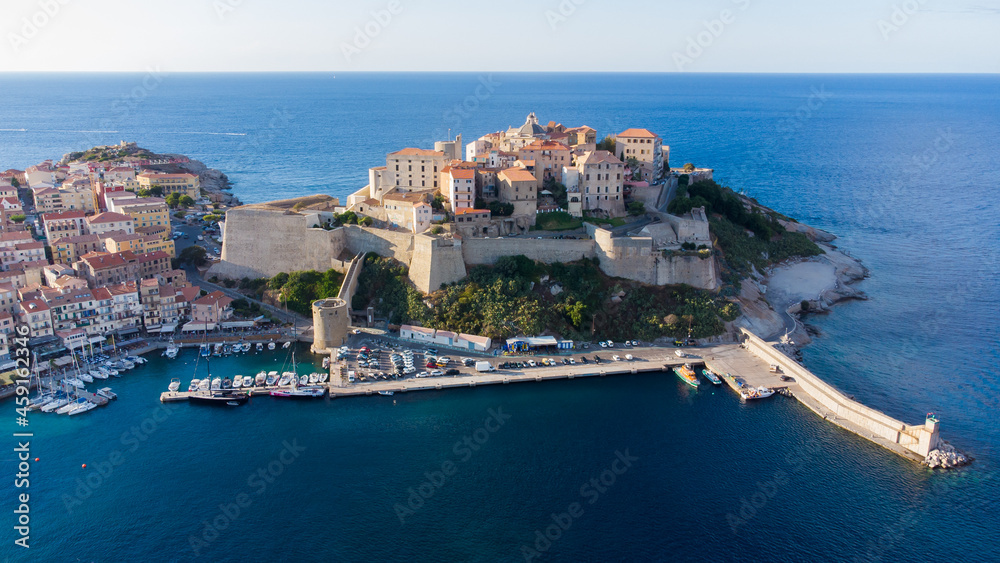 Aerial view of the Citadel of Calvi in Upper Corsica - French maritime stronghold in the Mediterranean Sea with defensive walls