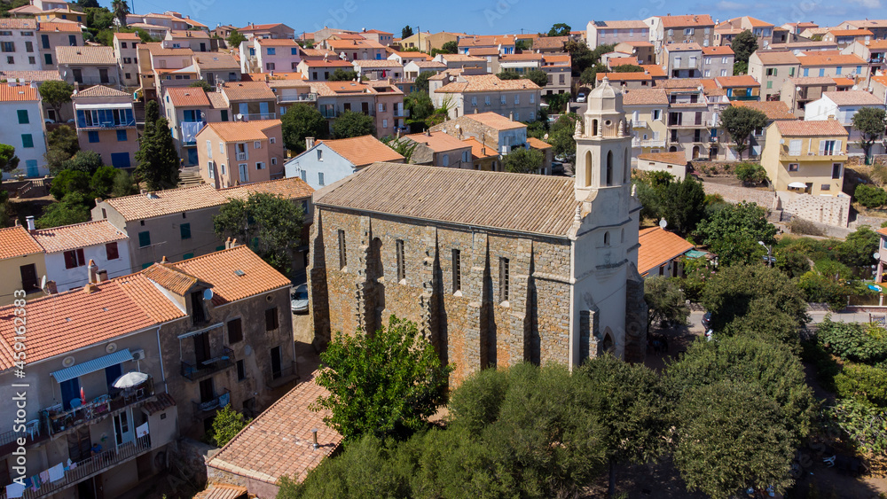 Aerial view of Cargèse and the Church of Saint Spyridon in the south of Corsica, France - Orthodox church built on a hillside above the Mediterranean Sea in a village of Greek origins