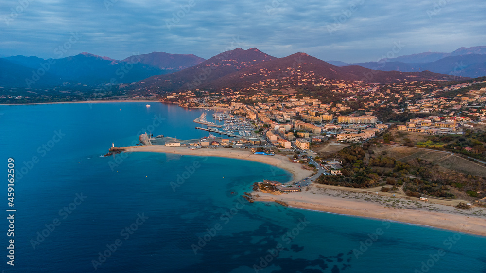 Fototapeta premium Aerial view of the Lido Beach in Propriano in the South of Corsica, France - Small coastal town in the Mediterranean Sea